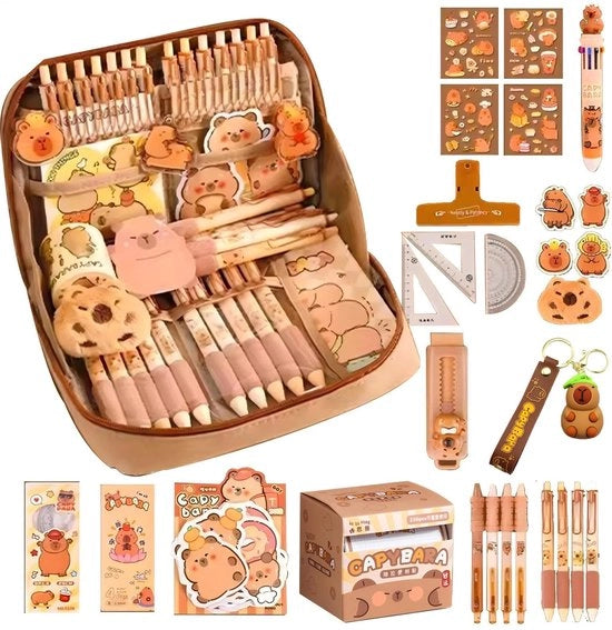 Etui per Capybara, imballaggio da 54 pezzi, contenitore estetico, set di scrittura per Capybara con penne, clip, righelli e altro, set di scrittura per bambini in forma di Capybara.