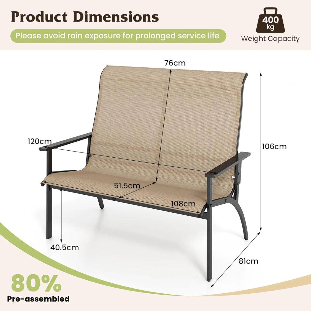 Panca da giardino resistente alle intemperie, per 2 persone, per balcone, terrazza, con schienale alto e braccioli, per esterni, portata fino a 400 kg, 120 x 81 x 106 cm, marrone