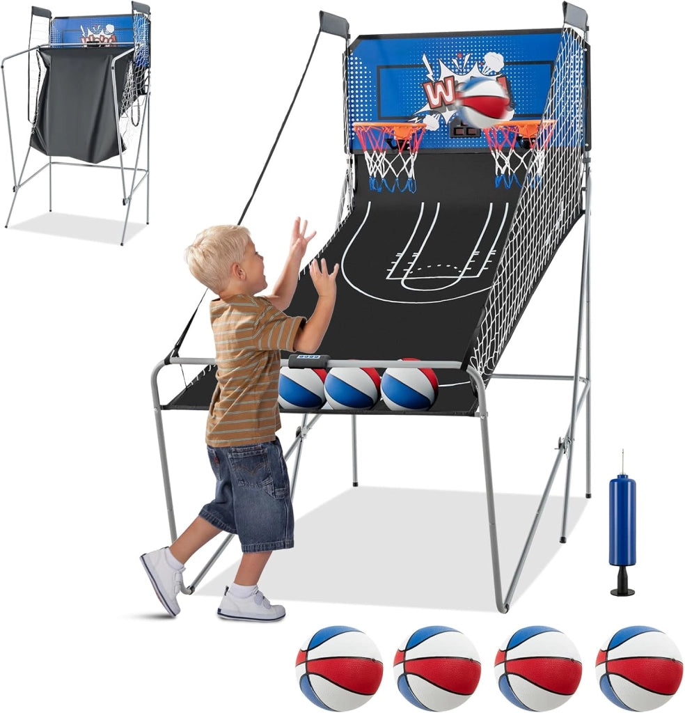 Macchina da Pallacanestro Elettronica, Canestro Basket da Camera a Doppio Tiro Pieghevole con Punteggio Elettronico, 4 Palle, 8 Modalità di Gioco e 2 Canestri (Blu 2)