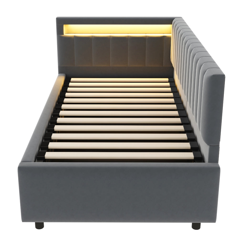 Divano letto 90x200 cm con LED e contenitore; velluto grigio (Senza materasso)