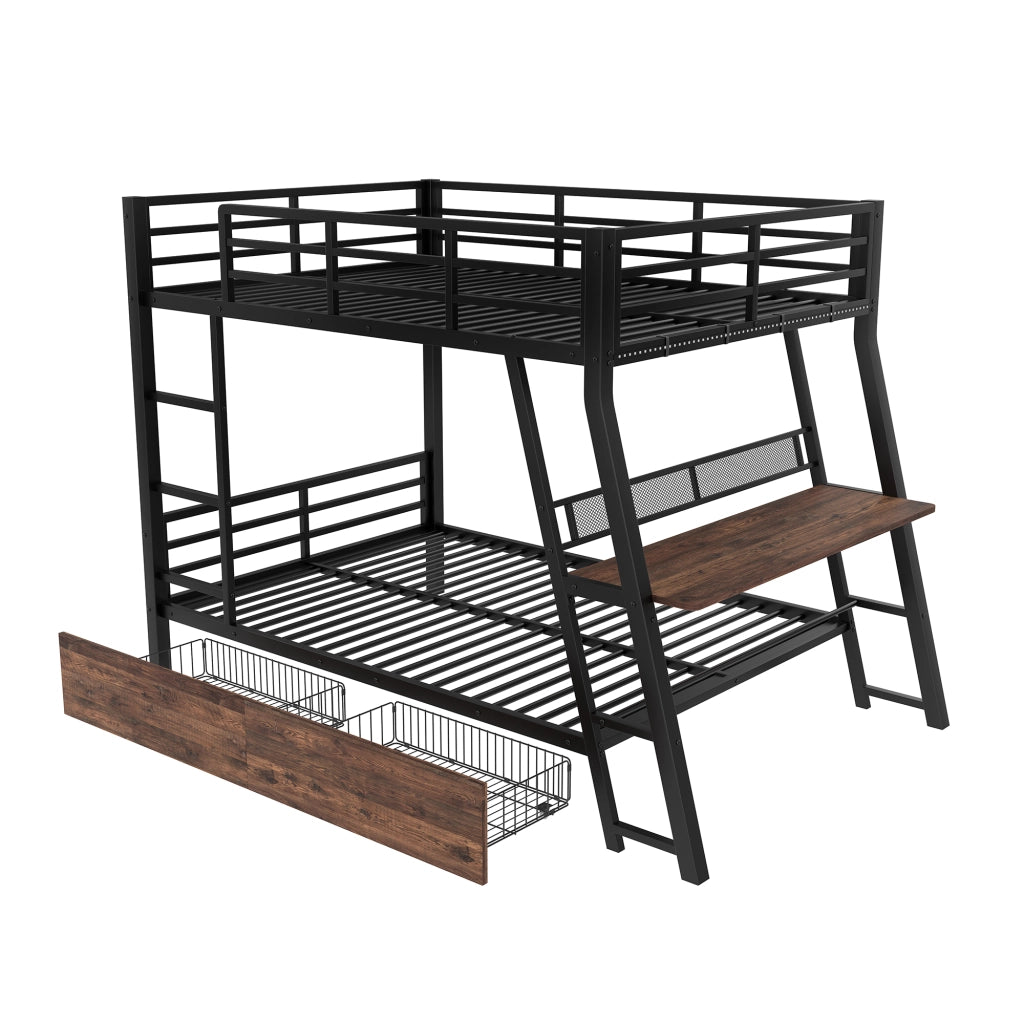 Letto a soppalco 140×200 cm con scrivania; LED; 2 cassetti; scala e sponde; senza materasso; nero