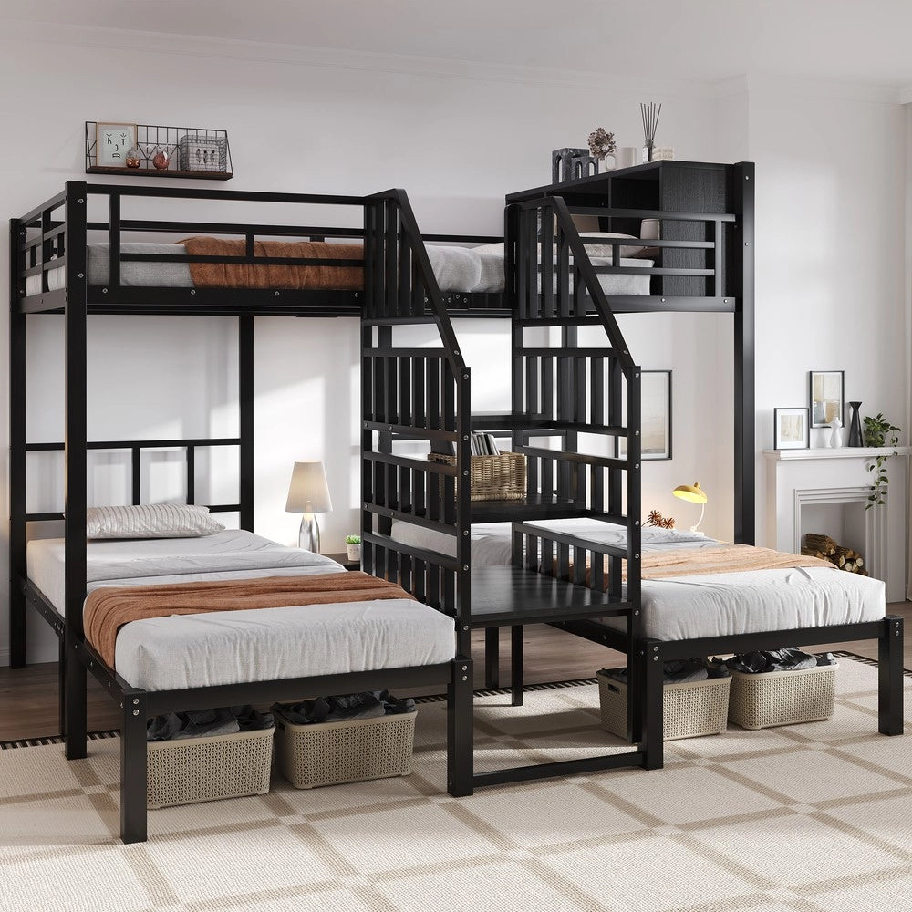 Letto a Castello 3 Posti con Scala e Contenitore ¨C Xylo ¨C Metallo Nero 90x200 e 140x200