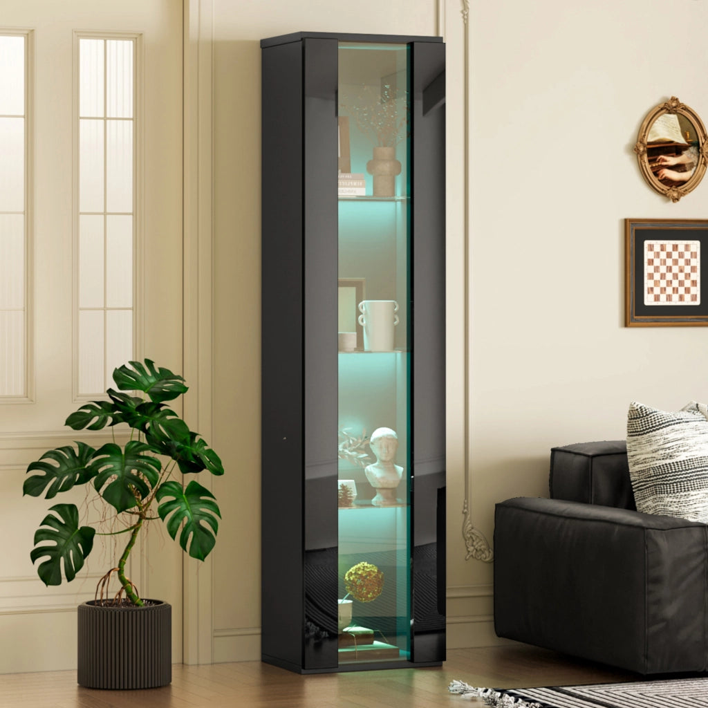 OKWISH Vetrina con 4 Livelli, Illuminazione LED con Cambio Colore, per Soggiorno, Nero, 40 x 29 x 170 cm