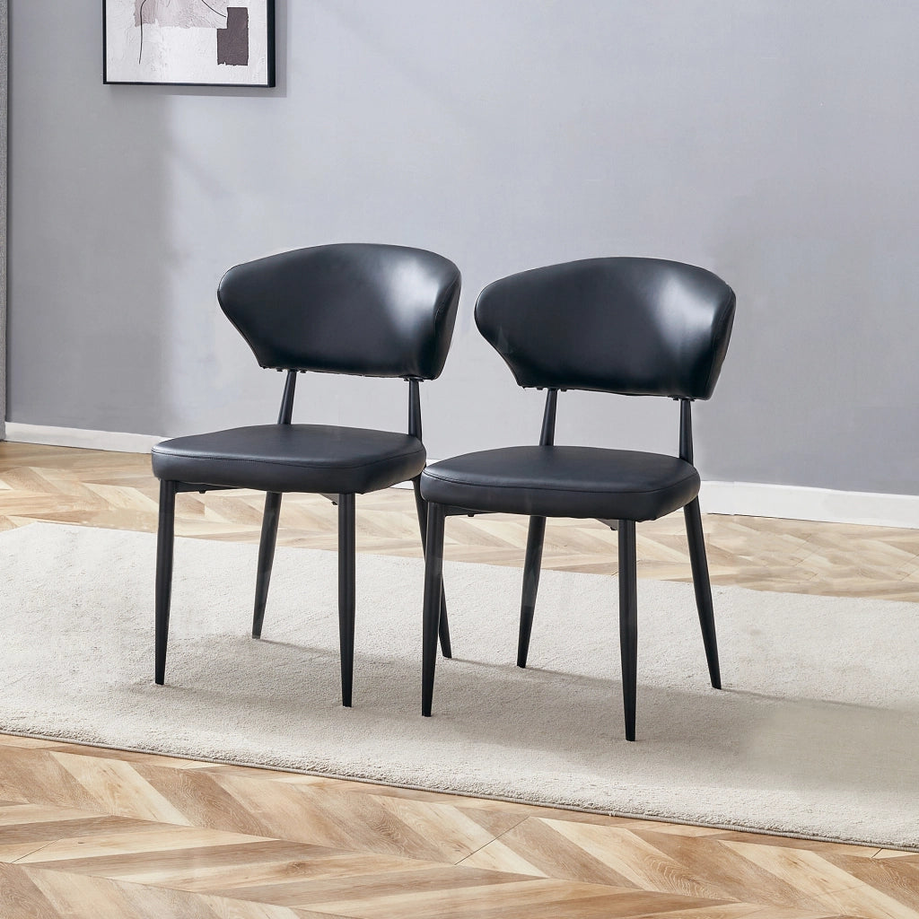 Set di 2 sedie da pranzo moderne nere in PU con gambe in metallo, schienale ergonomico