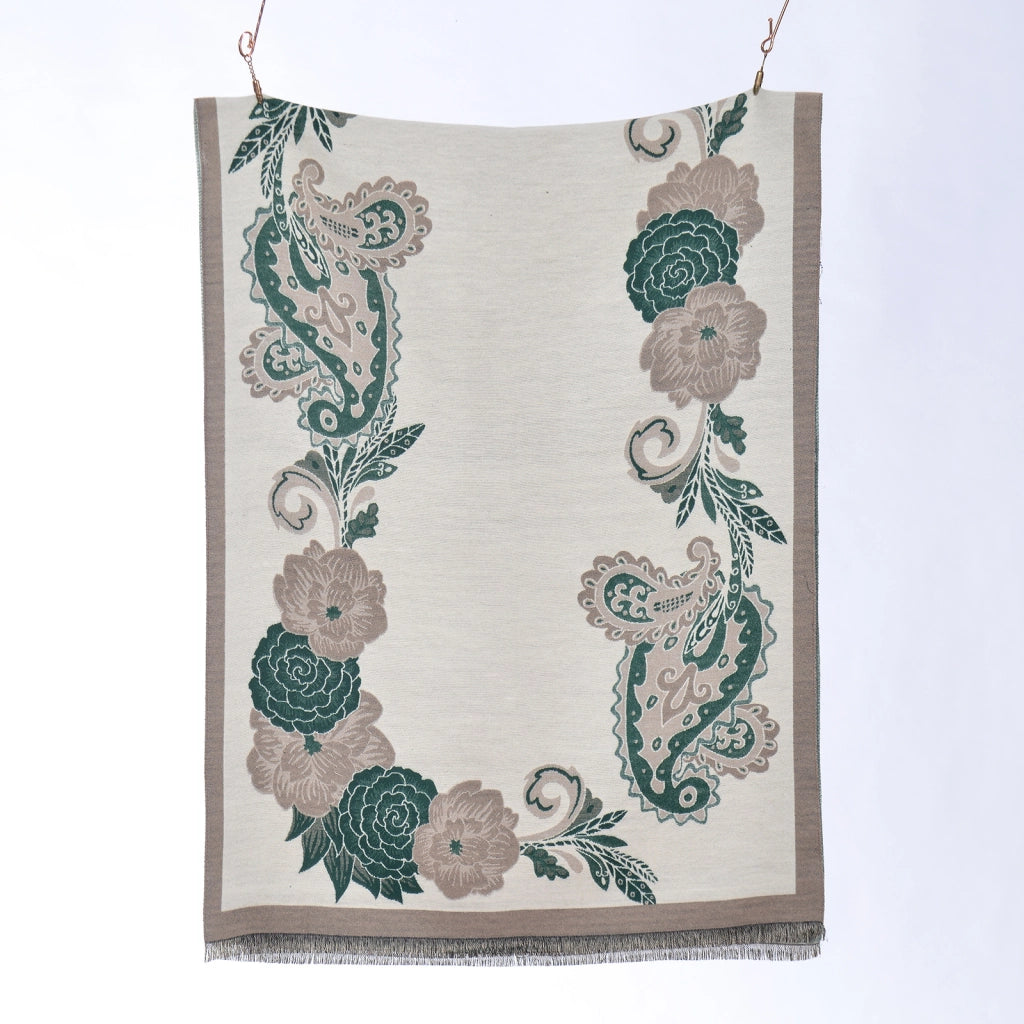 Nuova sciarpa in cashmere in stile cinese, con motivo floreale paisley e spesse nappe, ideale come scialle o scaldacollo.