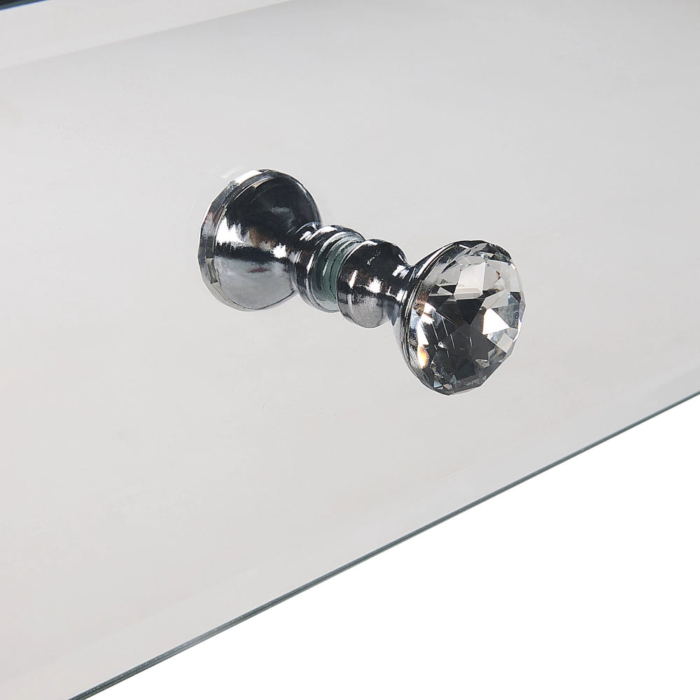 Tavolino  Cassetto Pomello Cristallo Specchiato Vetro Argento Base A Slitta Contenitori Glam