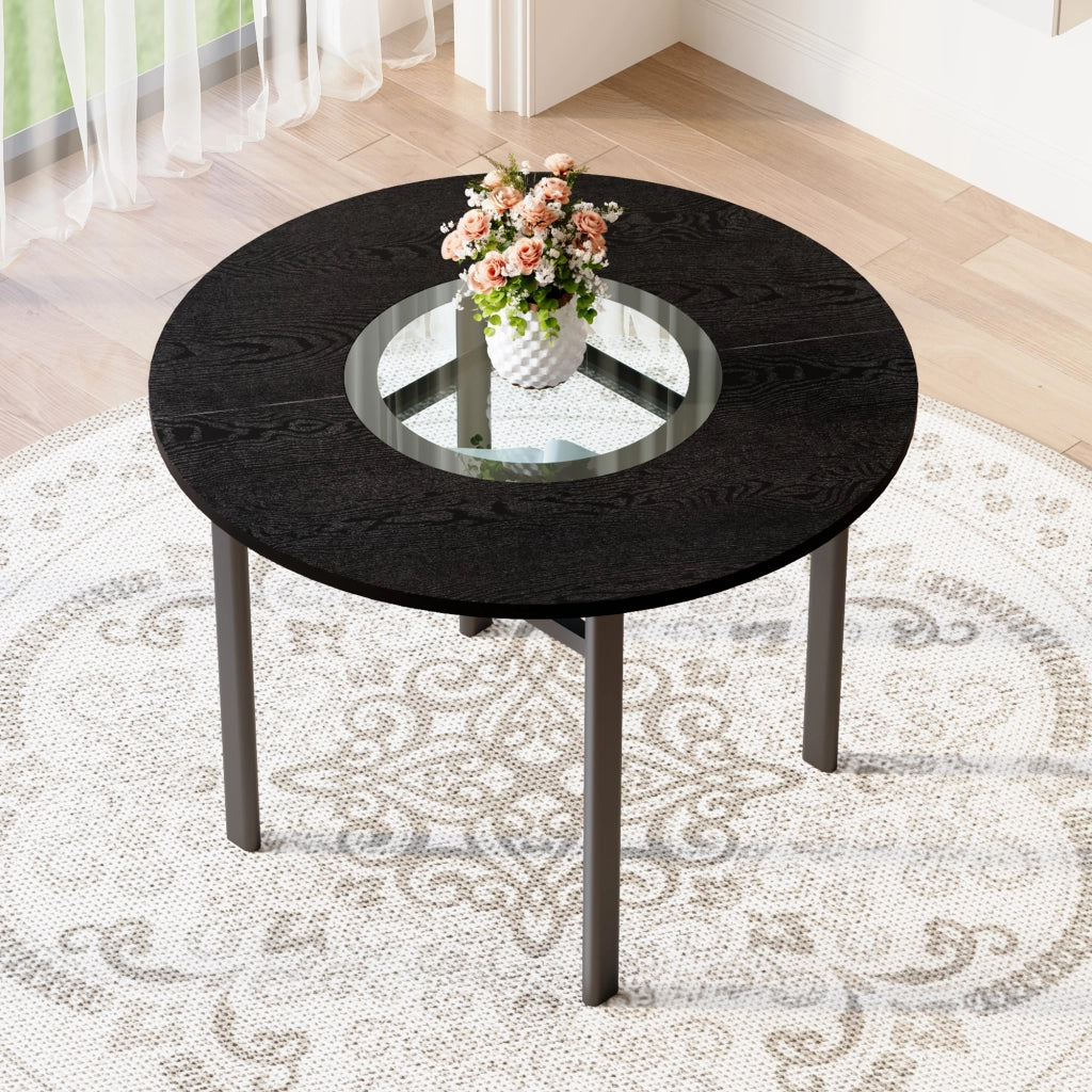 Tavolo da pranzo rotondo per 2-4 persone con inserto in vetro, base in metallo, per soggiorno e cucina, nero, 100 cm