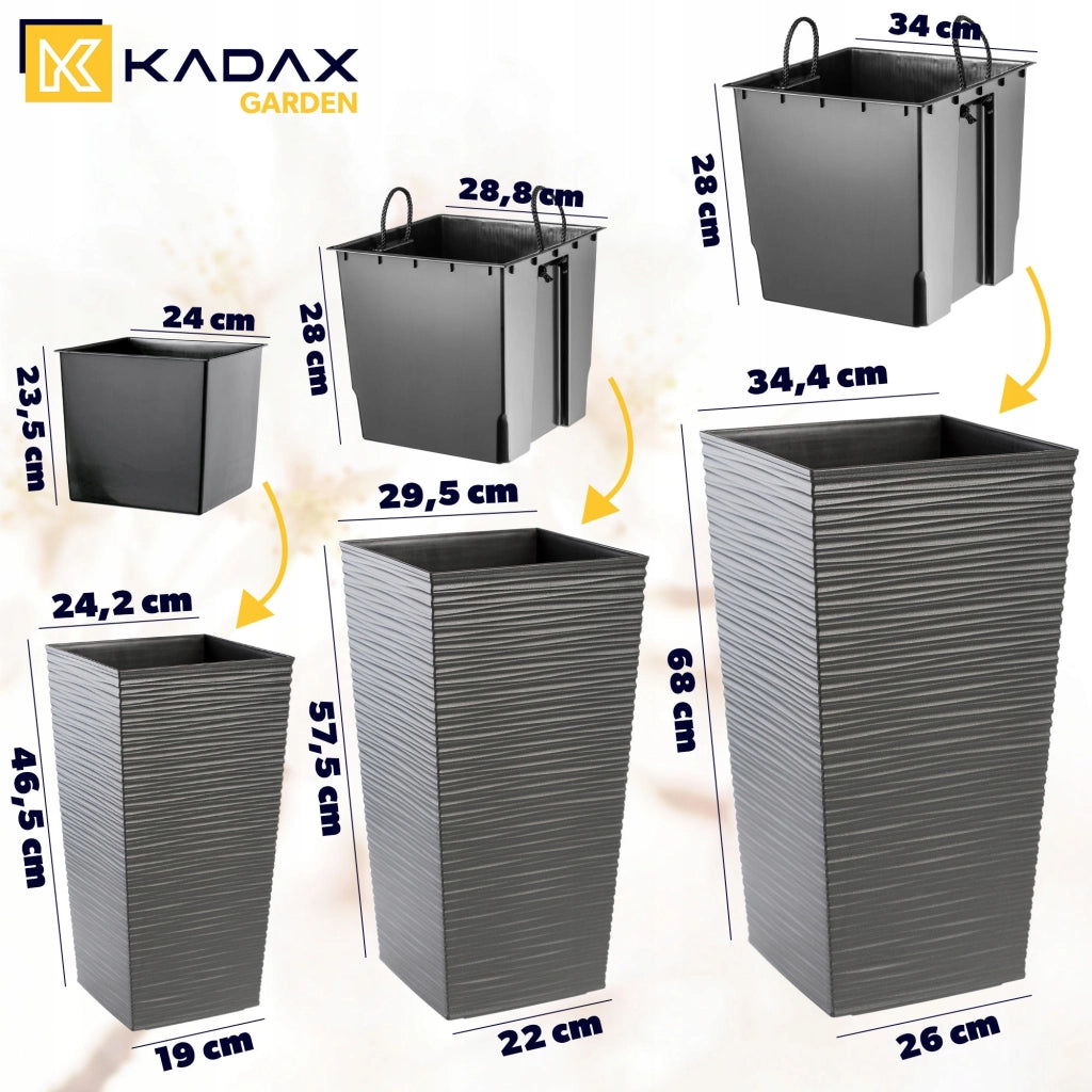 Set di 3 vasi da fiori KADAX, grandi e alti, con inserto in grafite, dimensioni 47+57+68 cm.