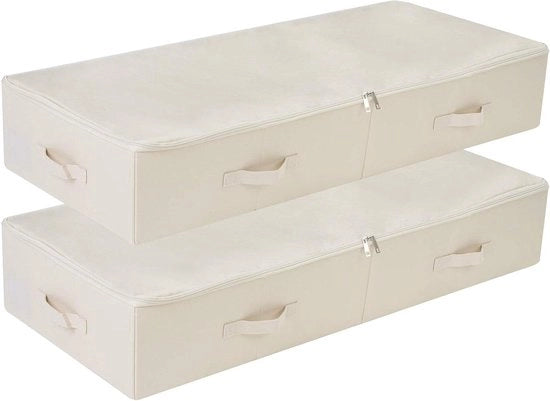 Cassa di archiviazione pieghevole da 100 cm con coperchio - Set da 2 - Lavabile con etichetta - 6 maniglie - Beige.