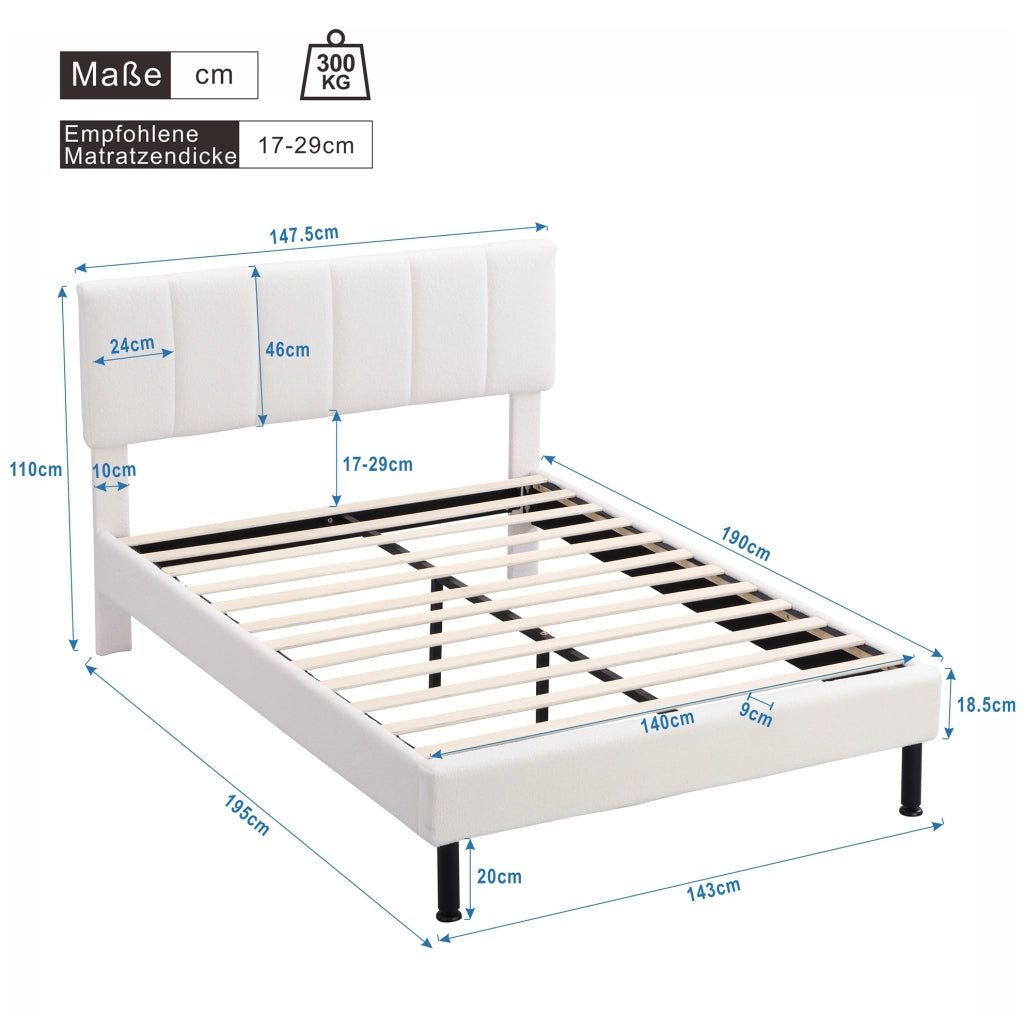 Letto imbottito con rete a doghe 140x190 cm in Sherpa beige