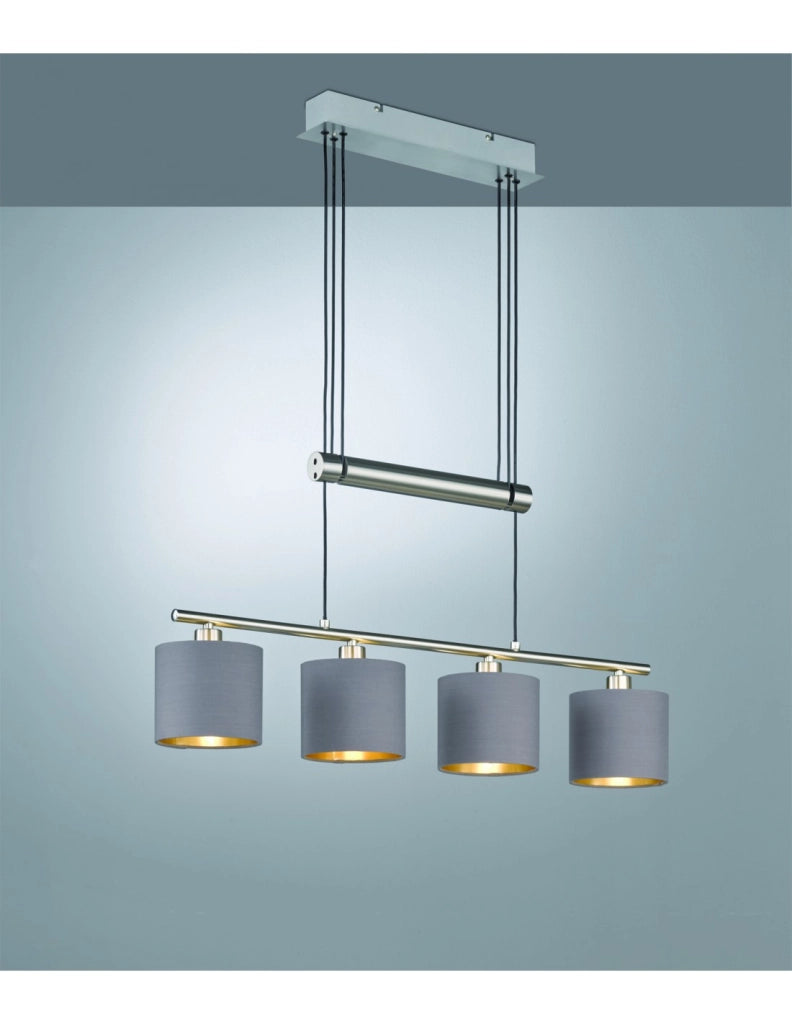 Sospensione Garda Nichel 4 Paralumi Tessuto Tortora-Oro L77 cm Trio Lighting