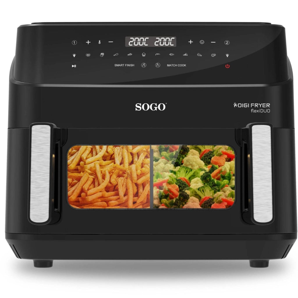 Friggitrice ad aria XXL 10,5L 2600W con doppia cottura Smart Finish e Match Cook, finestra e display touch, per cucina senza olio - Sogo