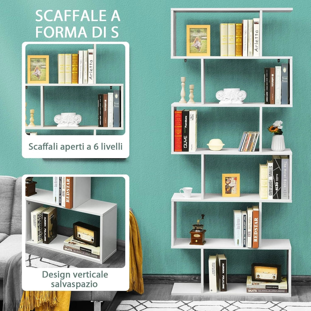 Libreria in Legno Scaffale Multifunzionale a 6 Ripiani per Piante e Libri per Ufficio Casa Ripiano a Forma di S, 80 x 23 x 192 cm (Bianco)