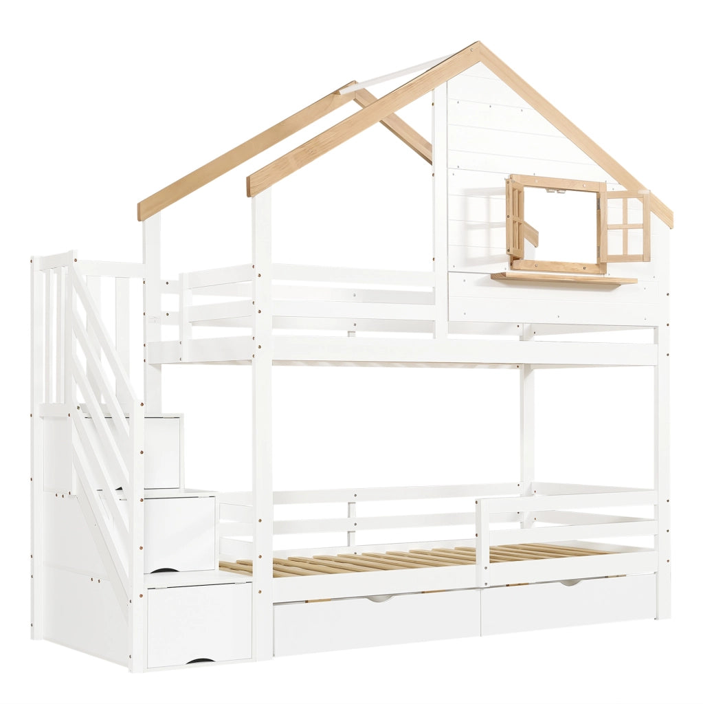 Letto a castello in legno con scale contenitore e cassetti