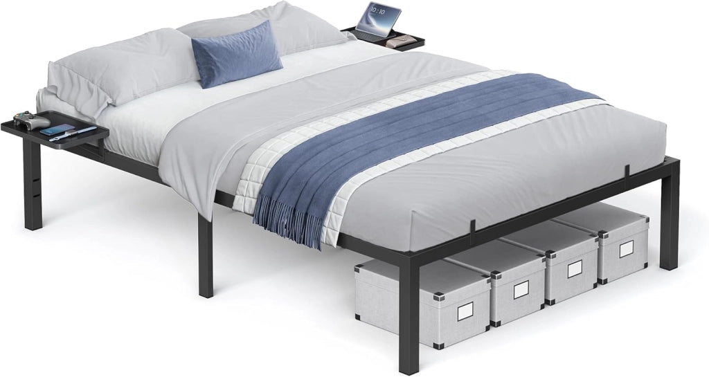 VASAGLE Telaio letto matrimoniale 160 x 200 cm, telaio letto con rete a doghe, testiera, letto in metallo, portata fino a 500 kg, facile da montare, per camera da letto, colore nero inchiostro
