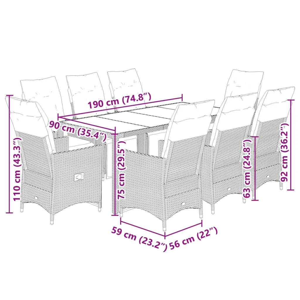 Set Bistrò da Giardino 9 pz con Cuscini in Polyrattan Marrone