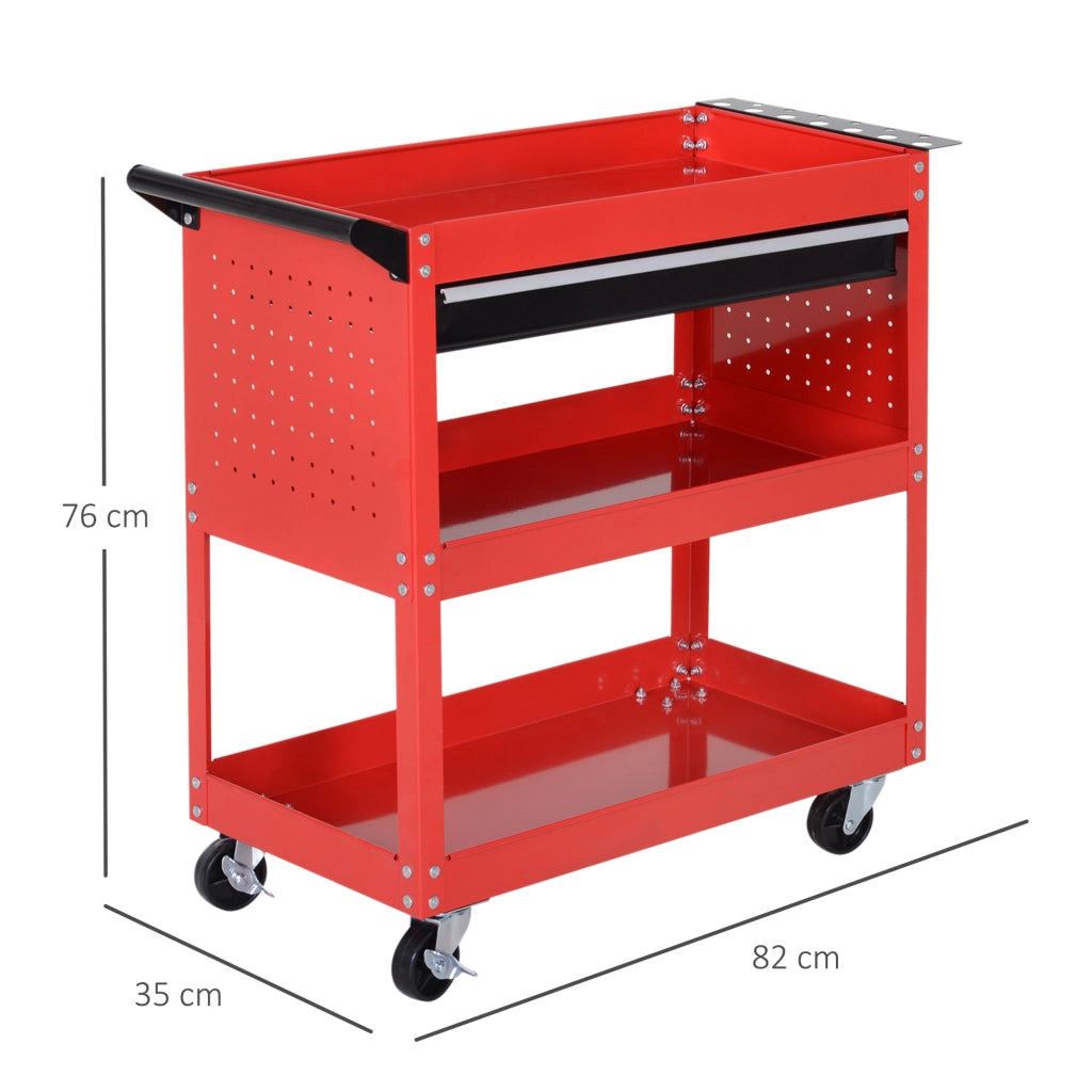 Carrello Portautensili 82x35x76 cm Rosso in Acciaio a 3 Livelli con Cassetto e 4 Ruote