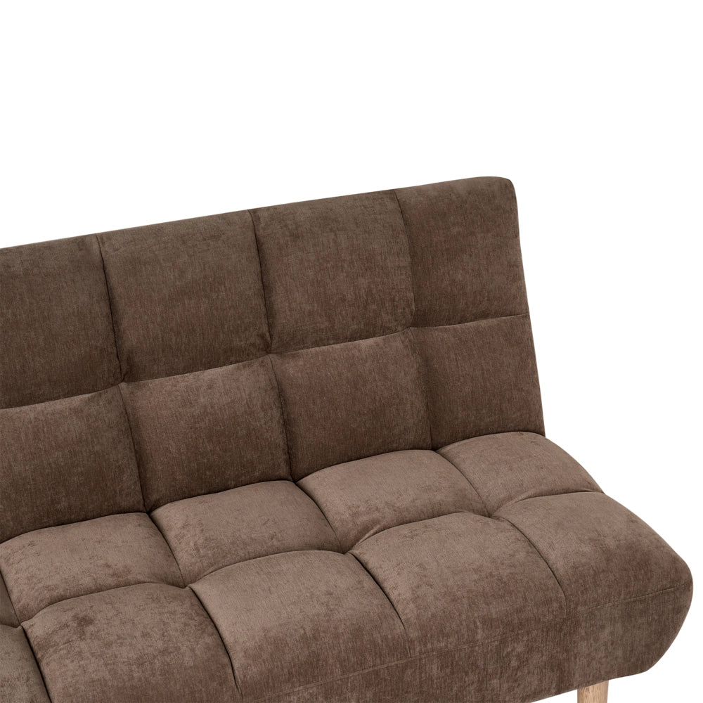 Divano letto marrone rivestito in tessuto con gambe in legno 2 posti schienale trapuntato seduta imbottita design moderno senza braccioli