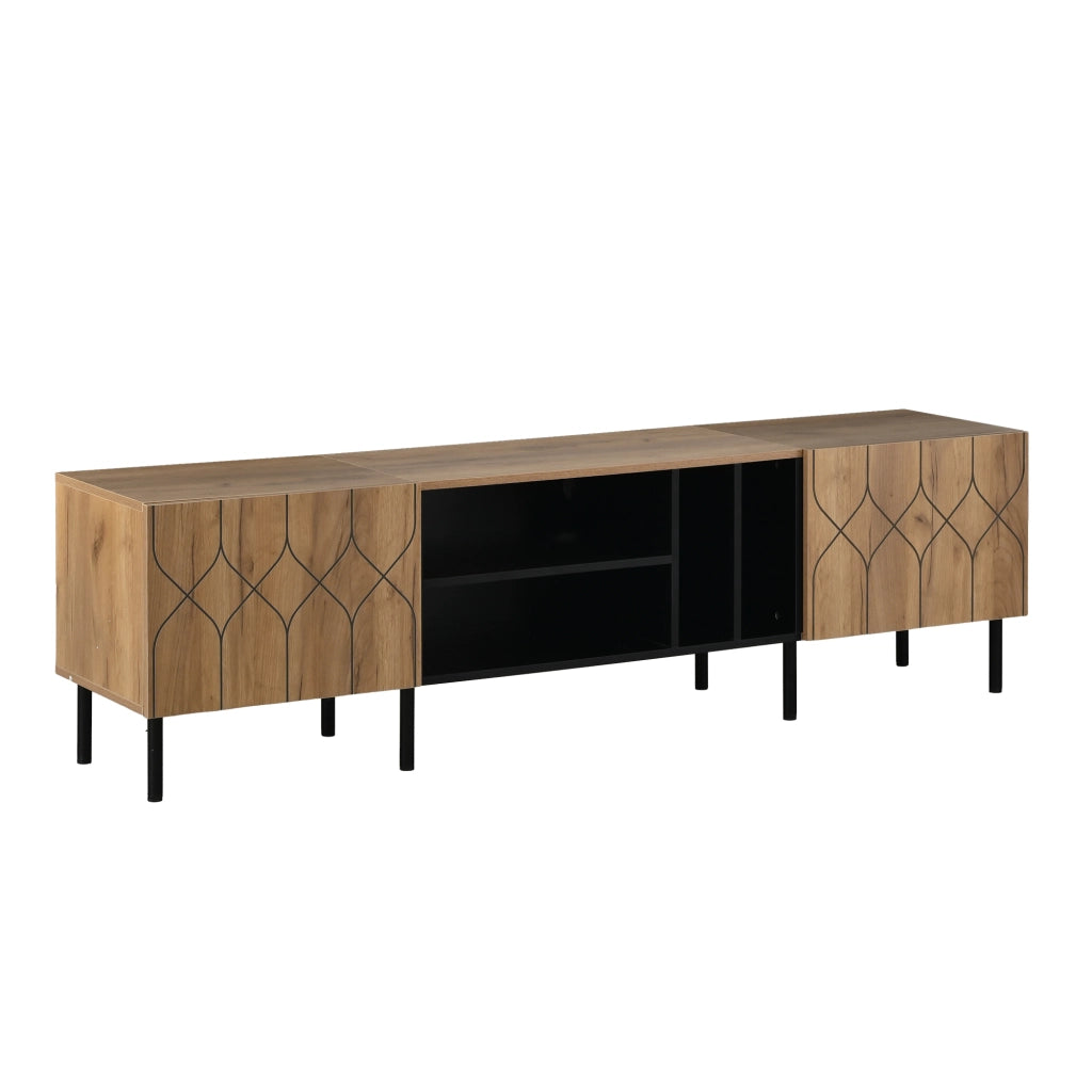 Mobile TV basso con 2 ante push-to-open, 4 vani a giorno, 180x40x50 cm, nero e legno naturale, per TV fino a 70''