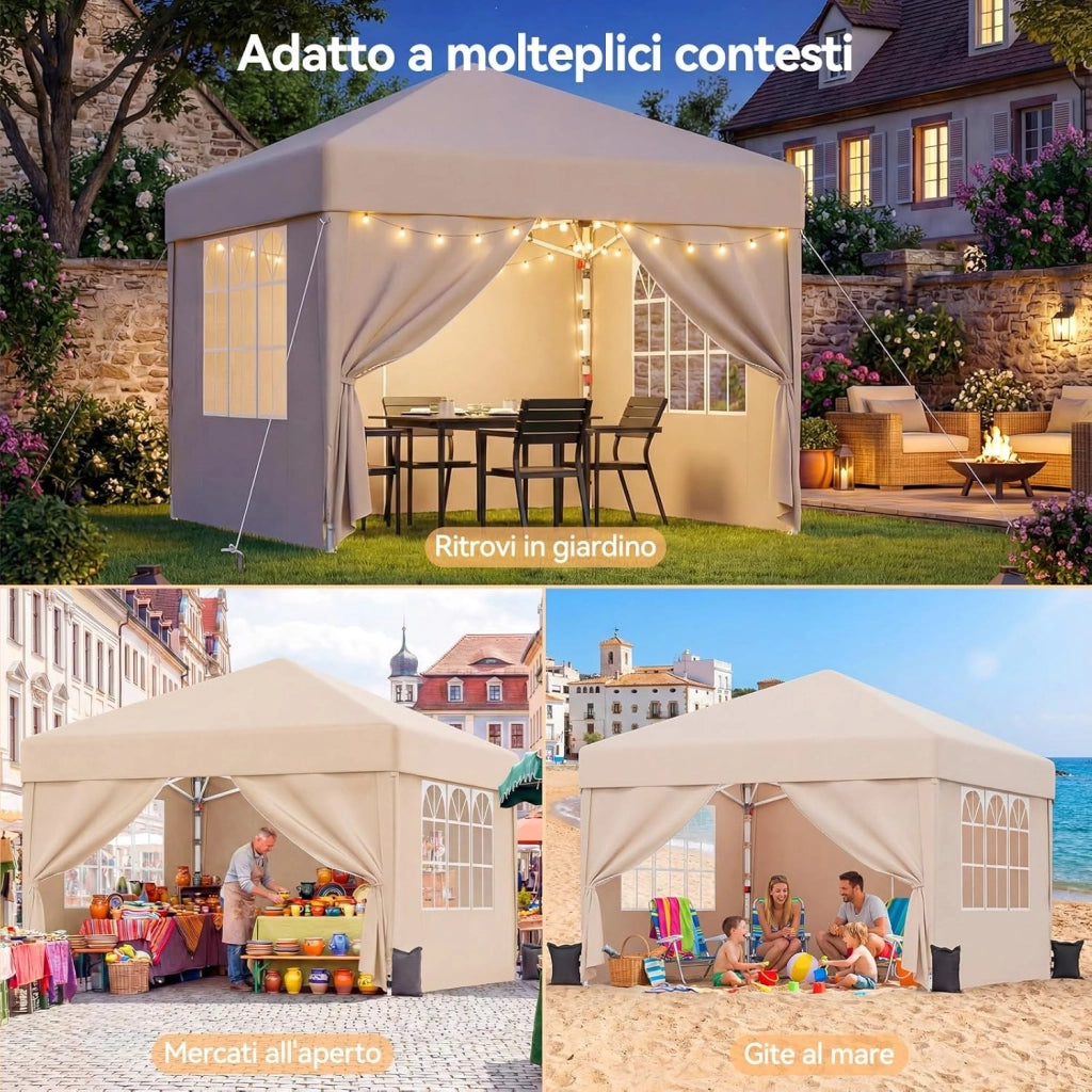 Gazebo 3x3 Pieghevole Impermeabile UPF50+, 3 Altezze Regolabili, 4 Pareti Rimuovibili, Gazebo da Giardino per 8-10 Persone, Pop-up Gazebo Esterno Resistente con Borsa da Trasporto, Beige