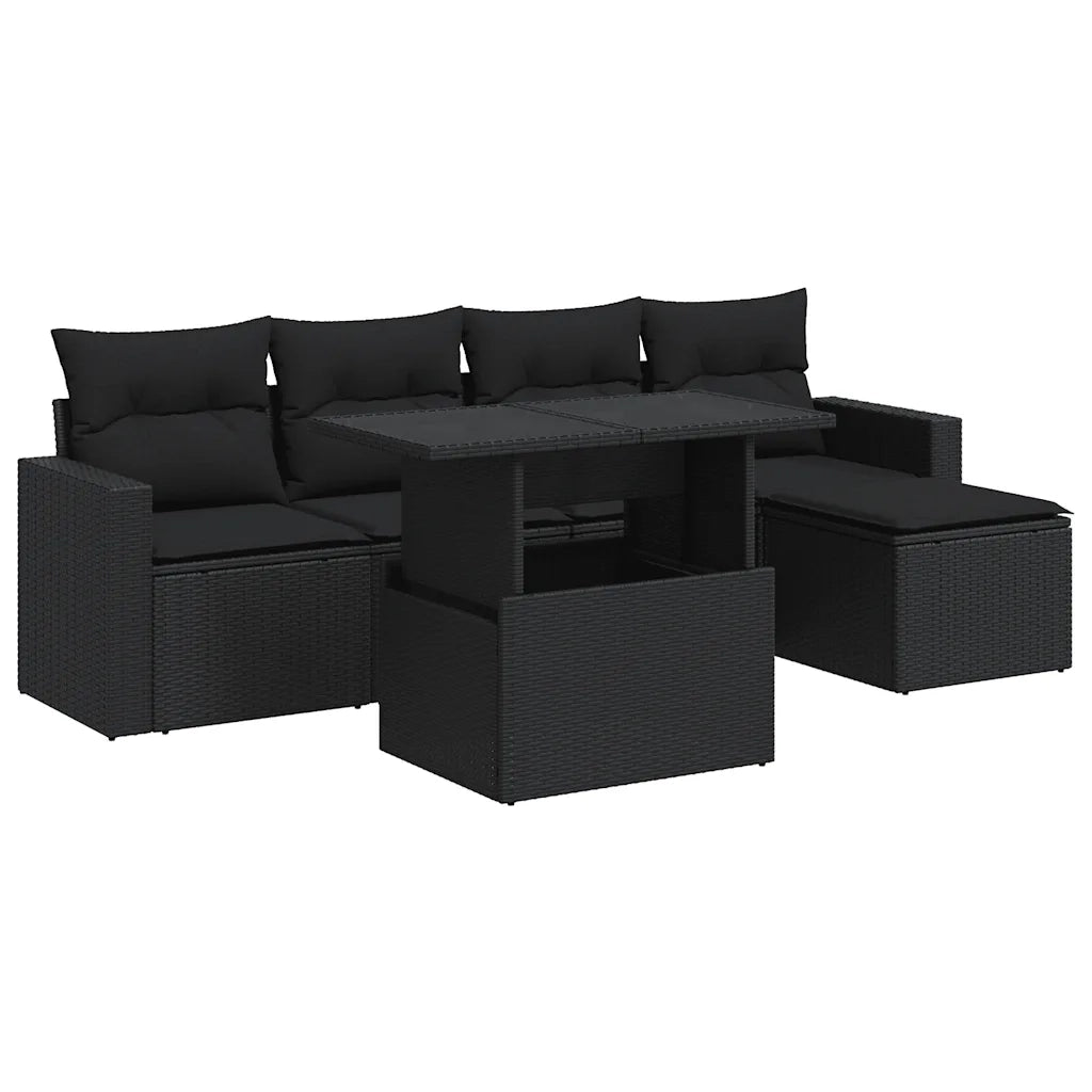 Set Divano da Giardino 6 pz con Cuscini Nero in Polyrattan 3326296