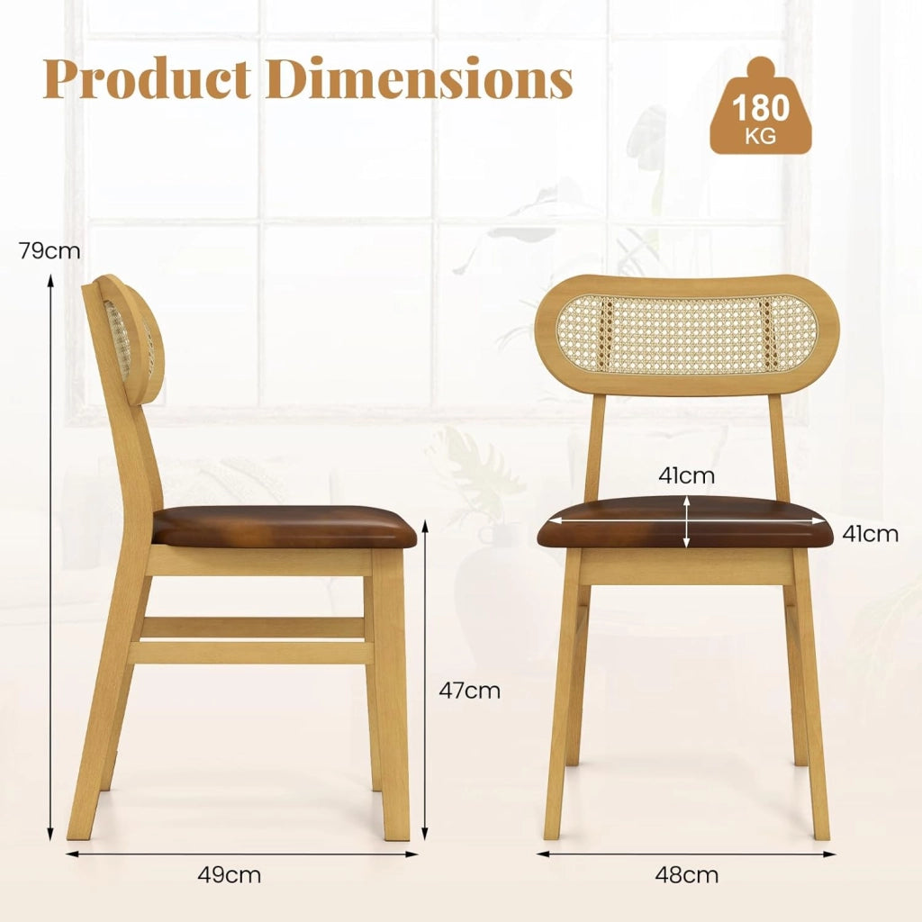 Set di 2 sedie da pranzo, sedie da cucina in similpelle con seduta imbottita, schienale in rattan PE, telaio in legno di gomma, sedia senza braccio per sala da pranzo, soggiorno (marrone