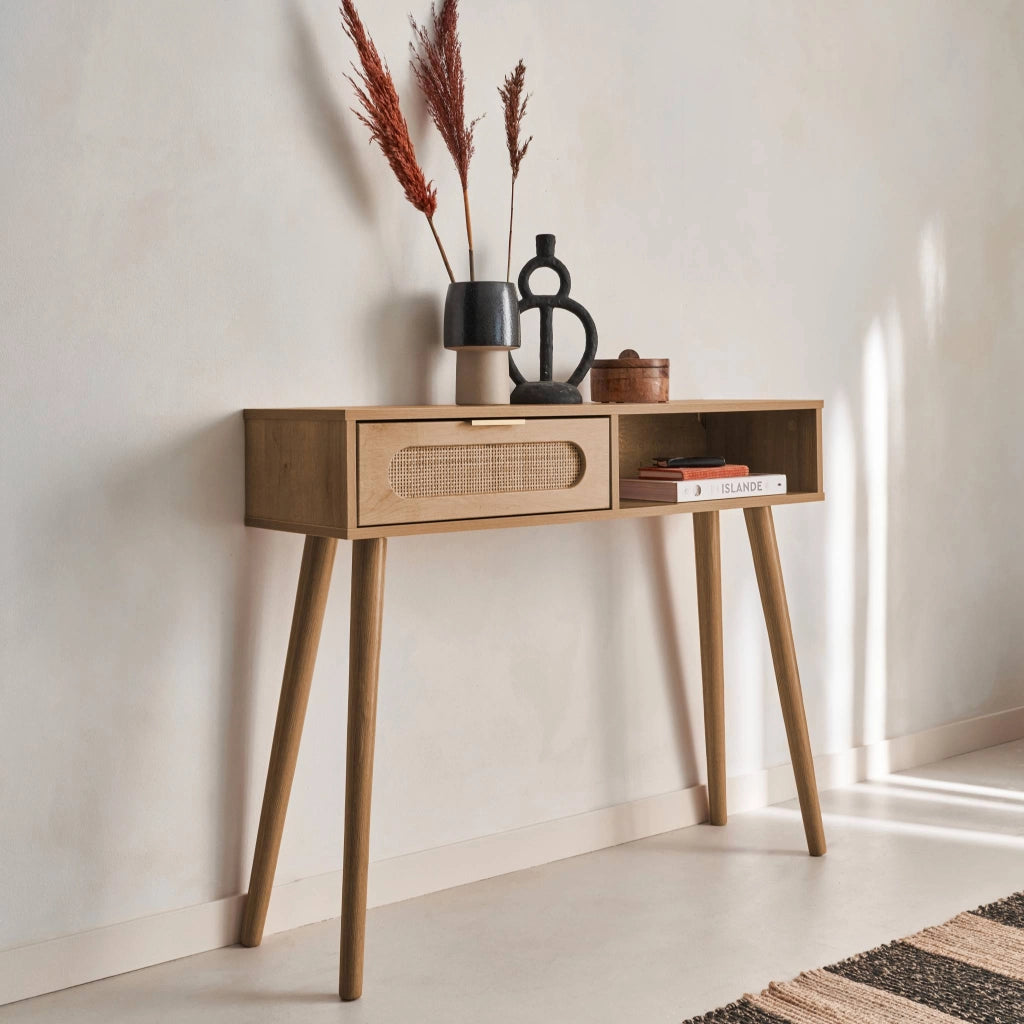Consolle scandinava in canna e legno, 100cm, marrone naturale