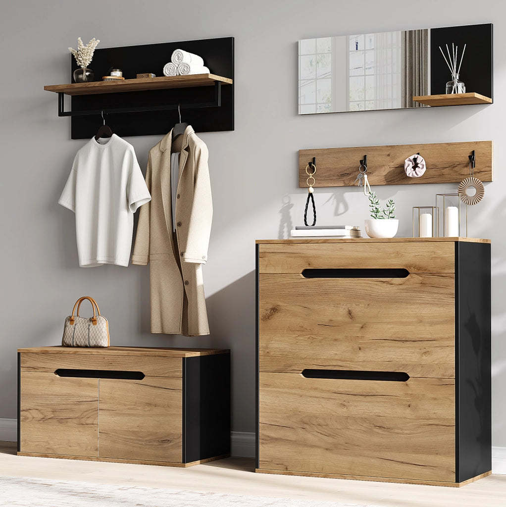 Set ingresso modulare con specchio, scarpiera e appendiabiti