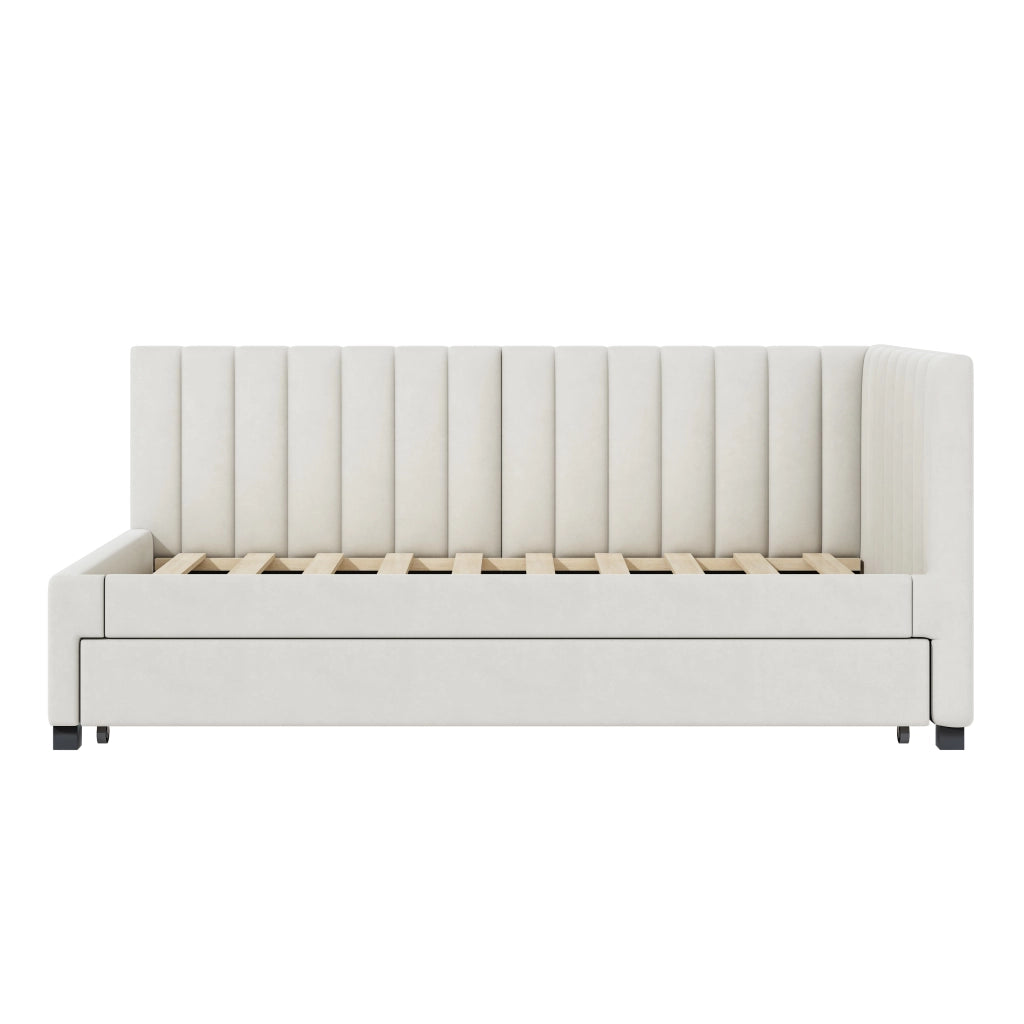 OKWISH Letto a Divano 90×200 cm, Letto Singolo con Letto Estraibile, Testiera Imbottita e Rete a Doghe, senza Materasso, Beige