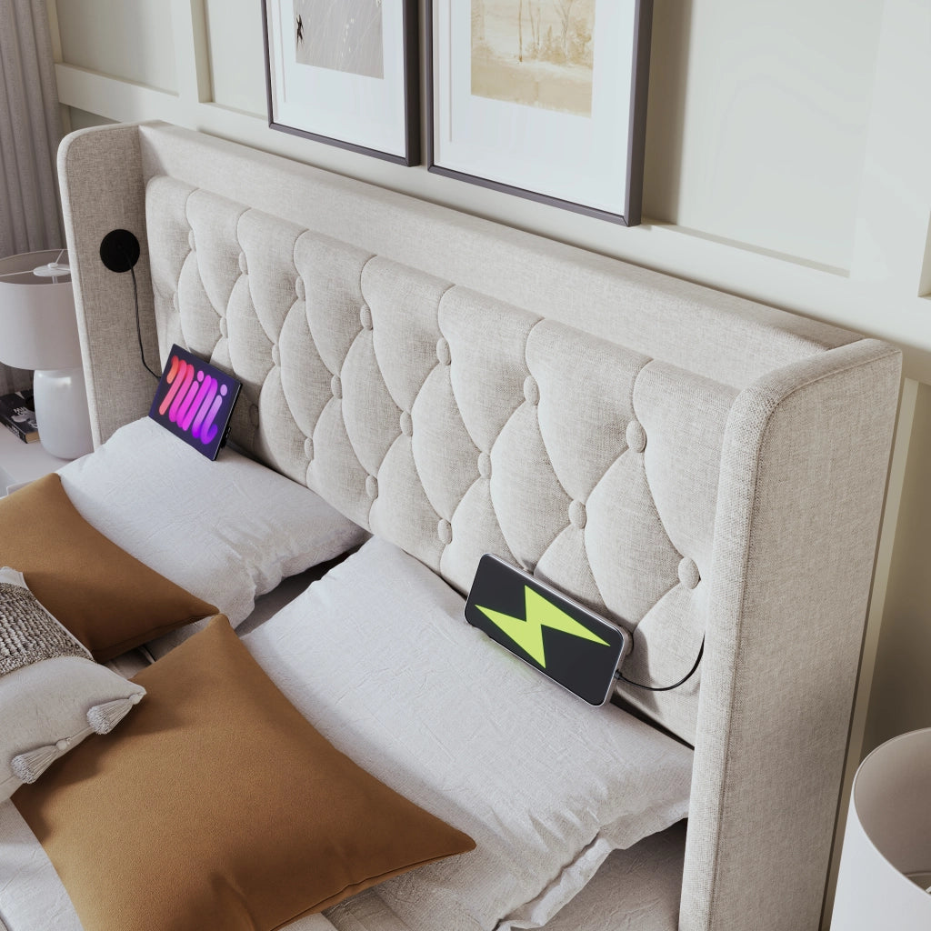 Letto matrimoniale contenitore 140x200 cm beige in cotone con materasso incluso, testiera con USB Type-C e LED 3 lati