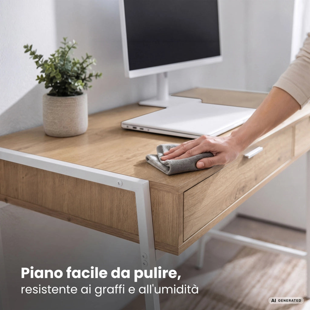 Scrivania industriale per computer Rovere Artisan ZENTIA 100 cm 2 cassetti gambe bianche