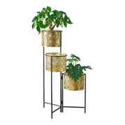 Porta Vasi da Interno Portapiante Stand per Piante con 3 Coprivasi Struttura Pieghevole Nero con 3 Porta Vasi Cilindrici in Altezze Diverse Color Ottone [en.casa]