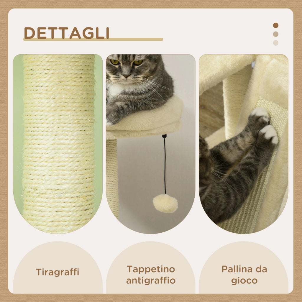 EasyComfort Albero per Gatti con Casetta, Tiragraffi per Gatti, Posatoio e Paletto, 48.5x48.5x141.5 cm, Beige