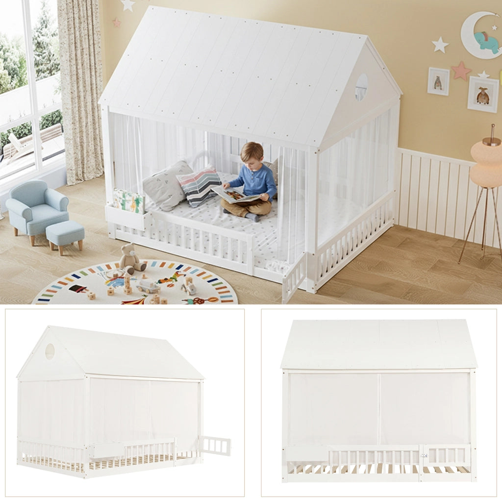Letto Casetta 140x200 cm; Letto Singolo - Vano Contenitore e Tende - Legno - Bianco