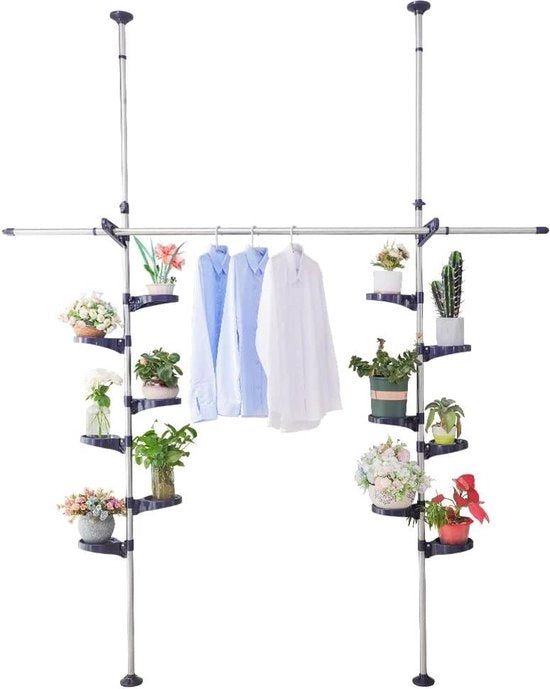 Supporto per piante per interni - Sostegno per vasi fiorali telescopico - Display rack in metallo con 12 vassoi - 2 ganci & 1 griglia ripiegabile