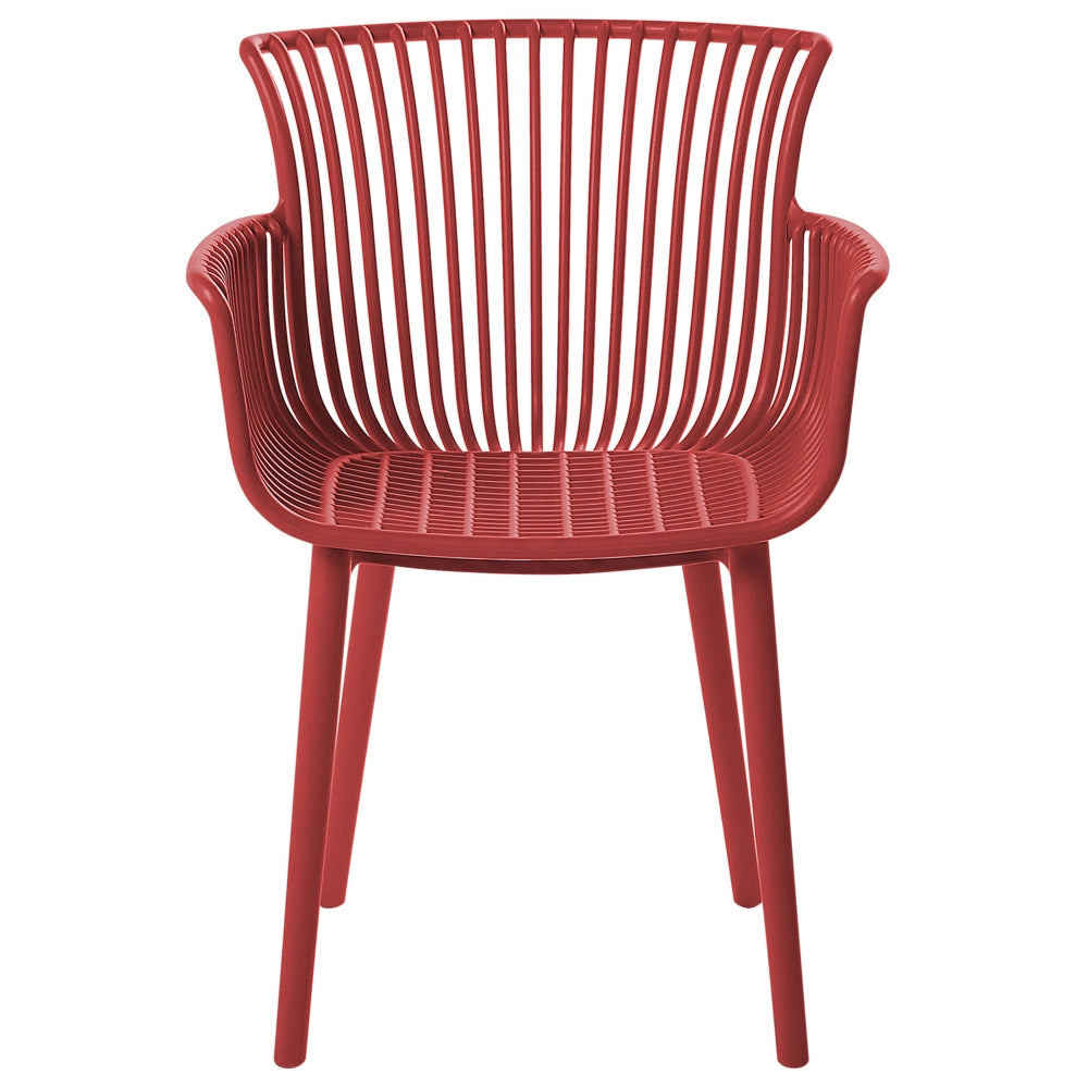 Set di 4 sedie da pranzo in plastica rossa per interni ed esterni da giardino con braccioli in stile minimalista