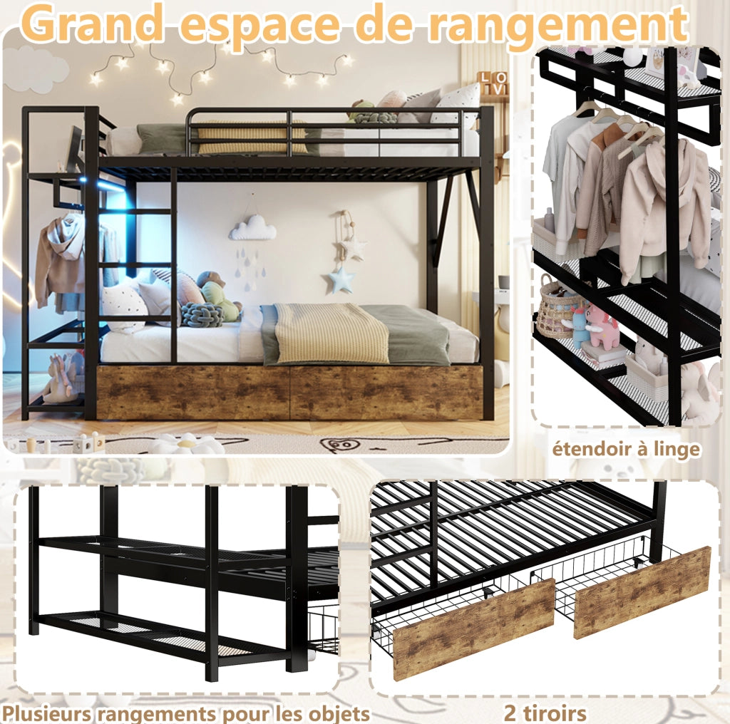 Letto a castello 140x200 cm con LED e 2 cassetti