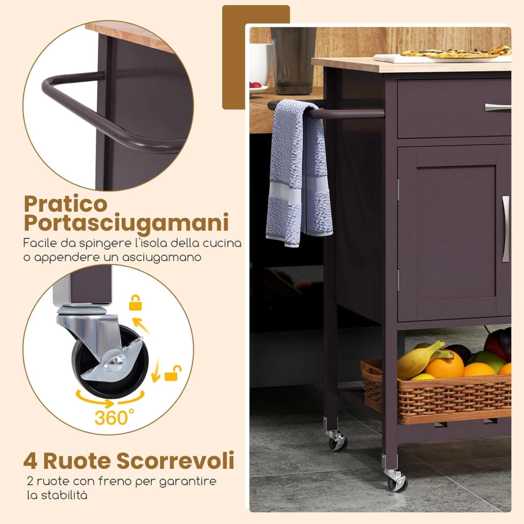 Carrello da Cucina con Cassetto, Isola da Cucina con 2 Ante Vassoio Inferiore e Porta Asciugamani, Carrello con Ruote per Sala da Pranzo Soggiorno Bar, 73 x 48 x 90 cm (Marrone)