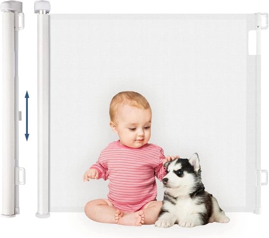 Sistema di sicurezza per scale, scale e corridoi, apribile da 0 a 180 cm, larga apertura, apertura con una mano, porta per bambini e animali domestici, recinzione per bambini, porta a rete per scale, scale, corridoi, bianco