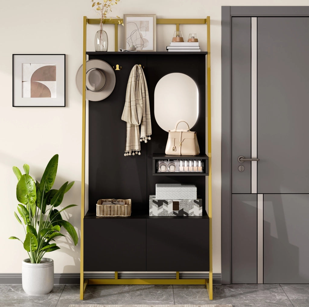 GUARDAROBA Compatto con Specchio e Scarpiera 78x38,5x180,5 cm Nero MDF e Metallo