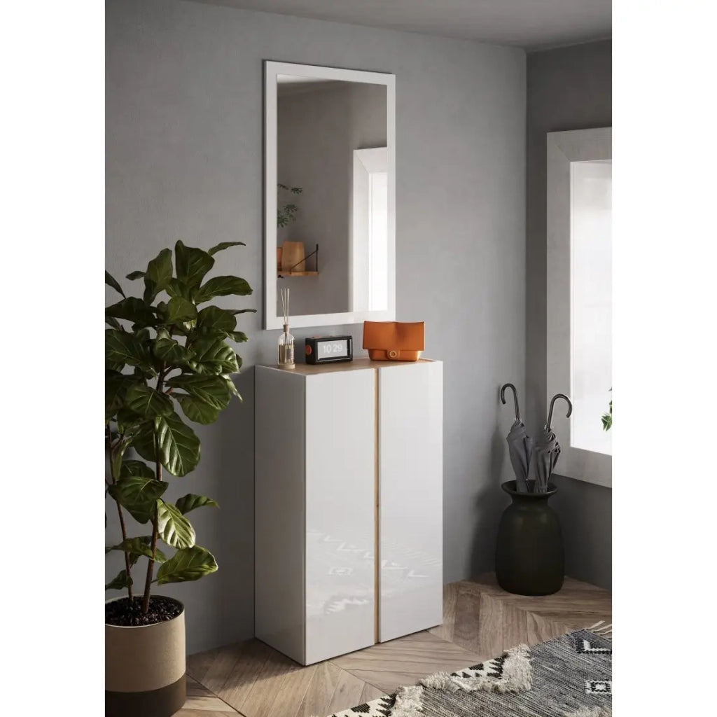 Mobile contenitore con 2 ante e 5 ripiani regolabili, collezione KEY, colore bianco lucido laccato e rovere cadiz.