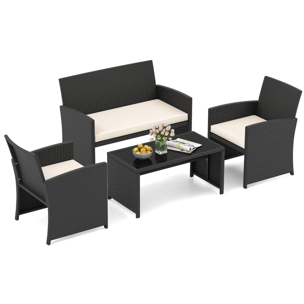 Set Mobili da Giardino 4 Pezzi in Rattan Bianco con Tavolino in Vetro Temperato e Cuscini Sfoderabili, per Esterno Balcone e Terrazzo