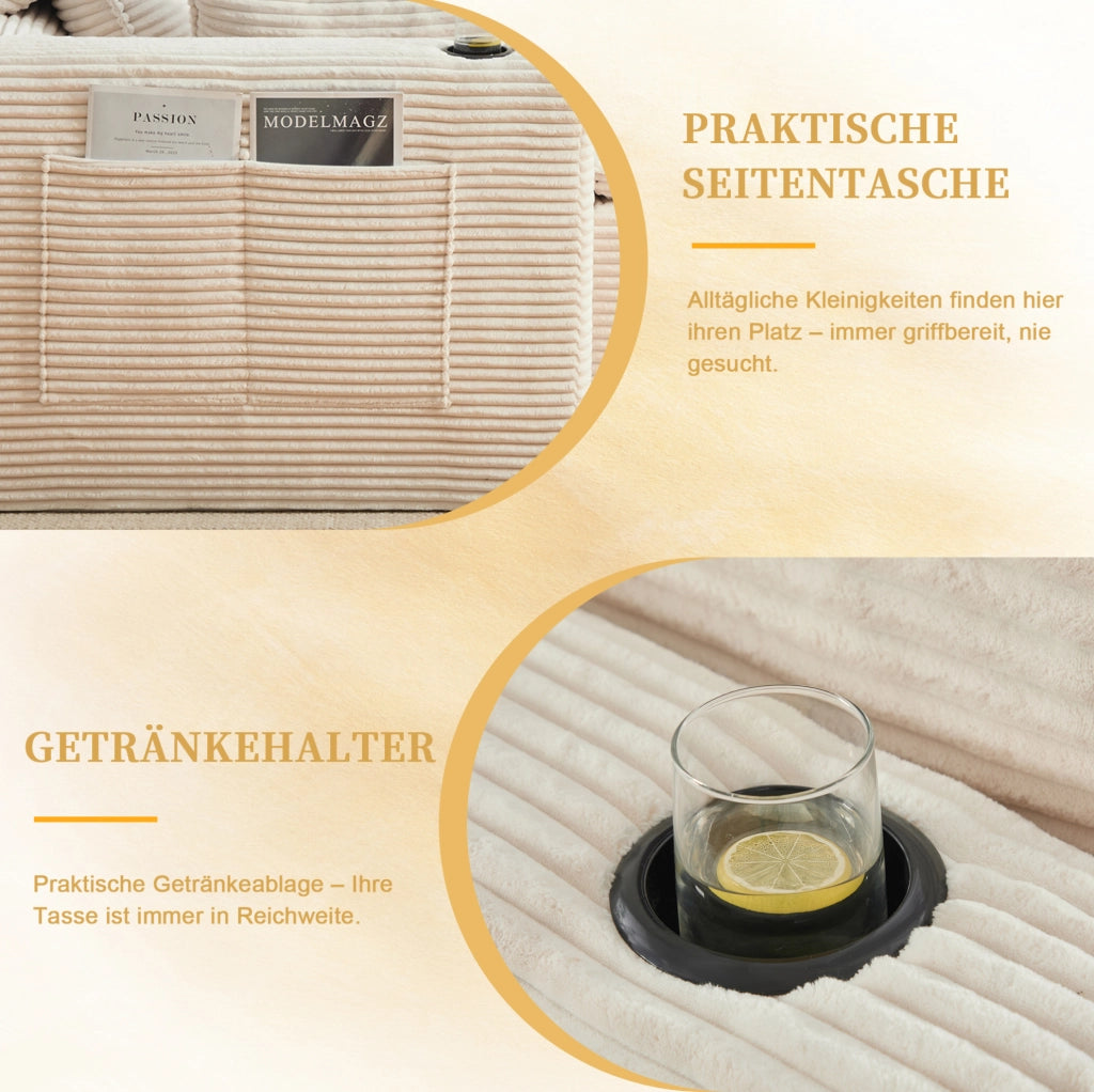 Divano modulare 4 posti con pouf, tessuto a coste beige, cuscini, portabicchieri e tasche laterali
