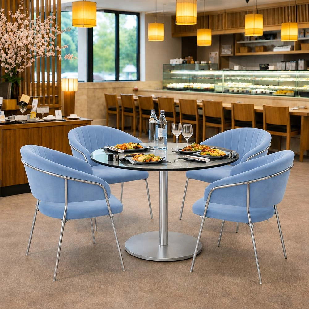 Sedie da pranzo set da 4 Aurelia in velluto celeste con gambe in ferro cromato