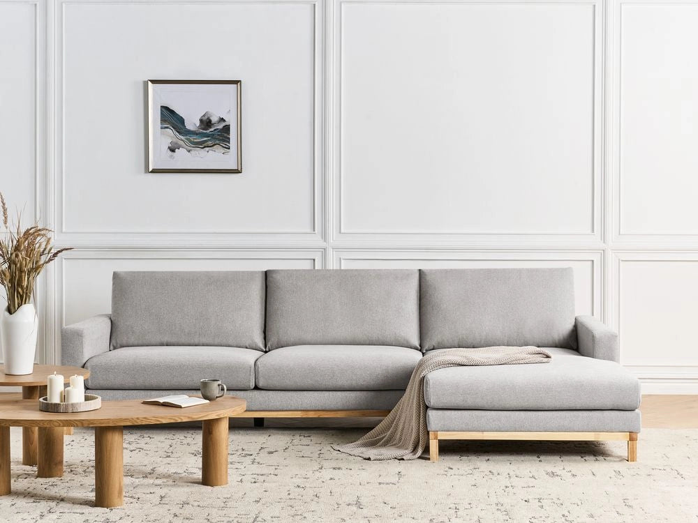 Divano angolare a sinistra Rivestimento in poliestere grigio Gambe in legno Elegante