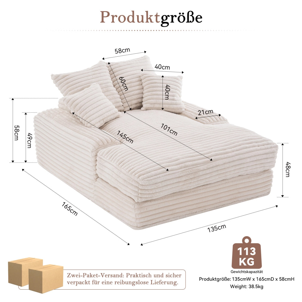 Chaise longue con 4 cuscini sfoderabili; schienale ergonomico e braccioli larghi in velluto a coste beige