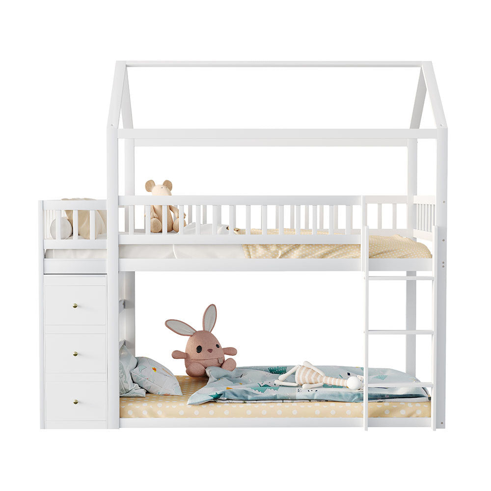 Letto a castello casa 90x200cm - Xylo - bianco, cassettiera, sicuro