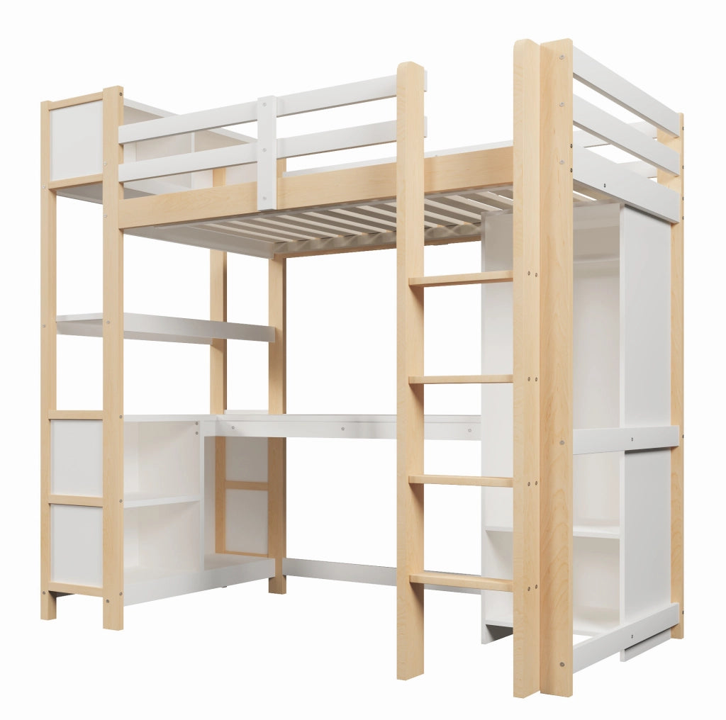 Letto a soppalco 90x200 cm con scrivania, armadio e ripiani in pino, MDF e compensato