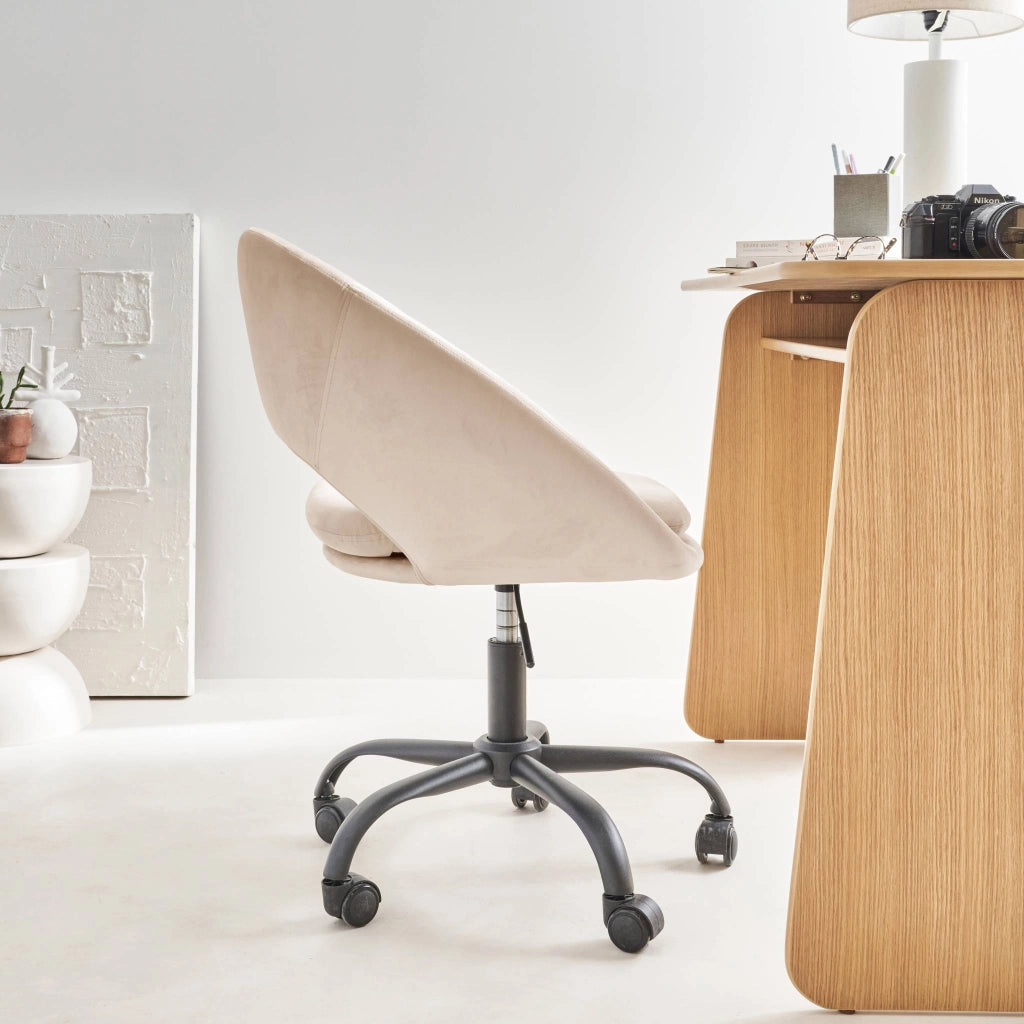 Sedia da ufficio con rotelle in velluto, bianco sporco