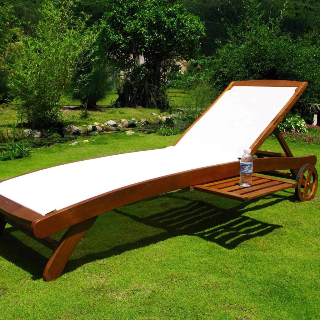 Lettino prendisole con ruote in legno massiccio e rivestimento in tessuto mod. Texty